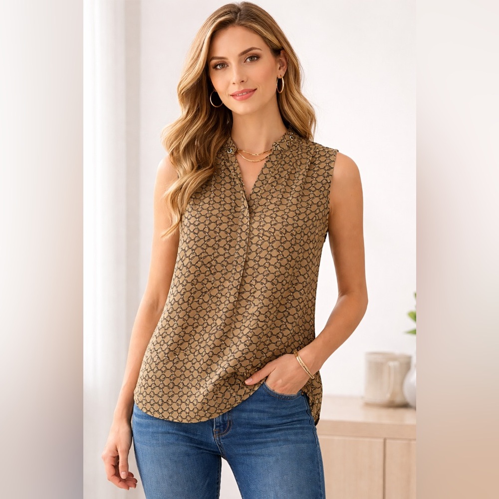 Michael Michael Kors Chain Print Sleeveless Size L Tan Black Gold Grommet Neck